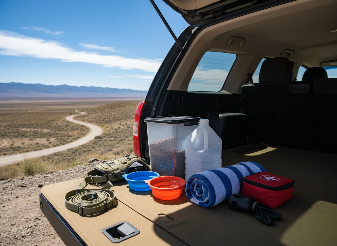 Dog road trip supplies packed in an open car trunk