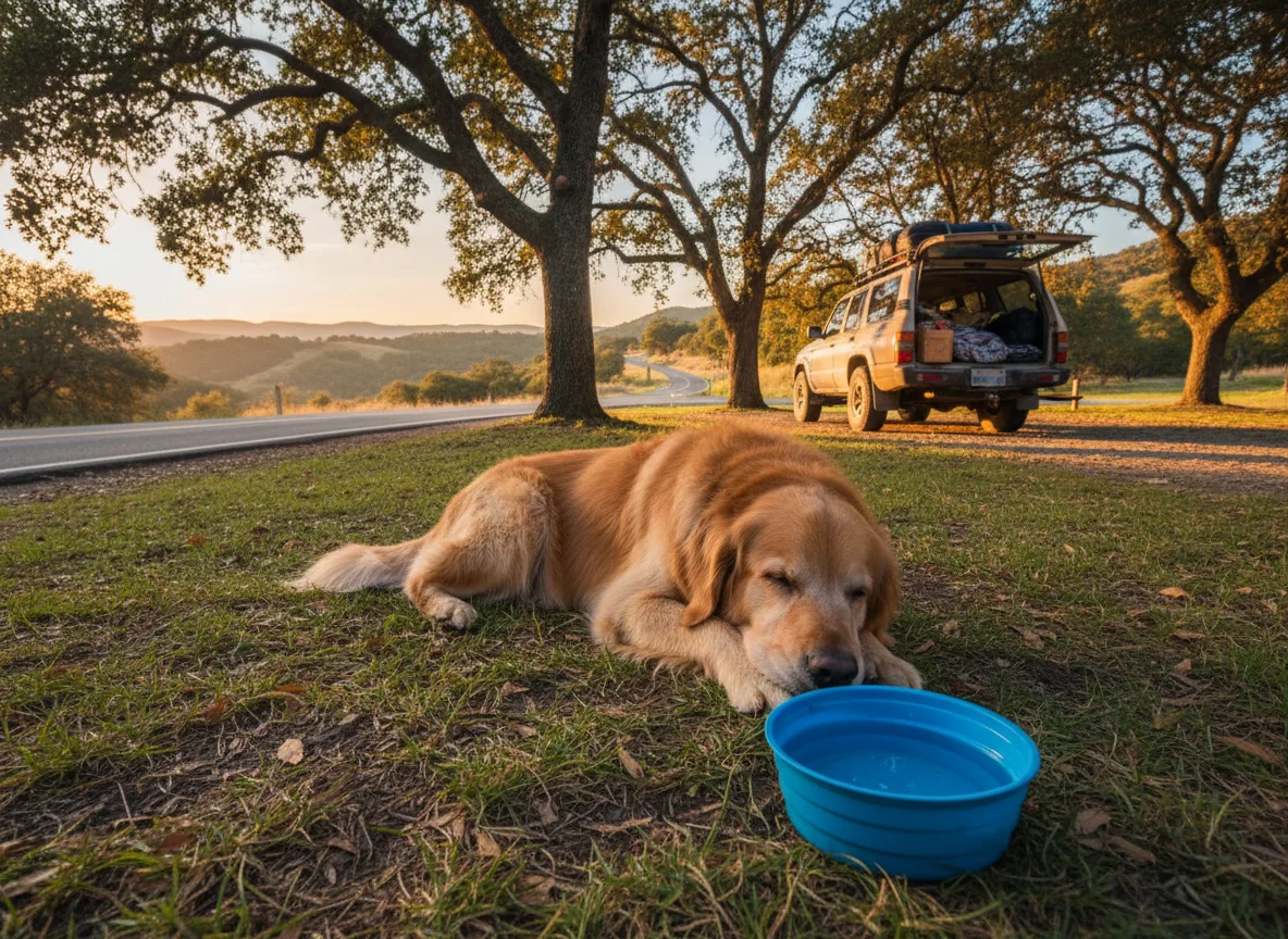 Dog resting with a water bowl at a shaded roadside stop