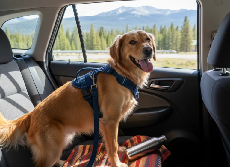 Dog safely secured with a harness on the back seat of a car