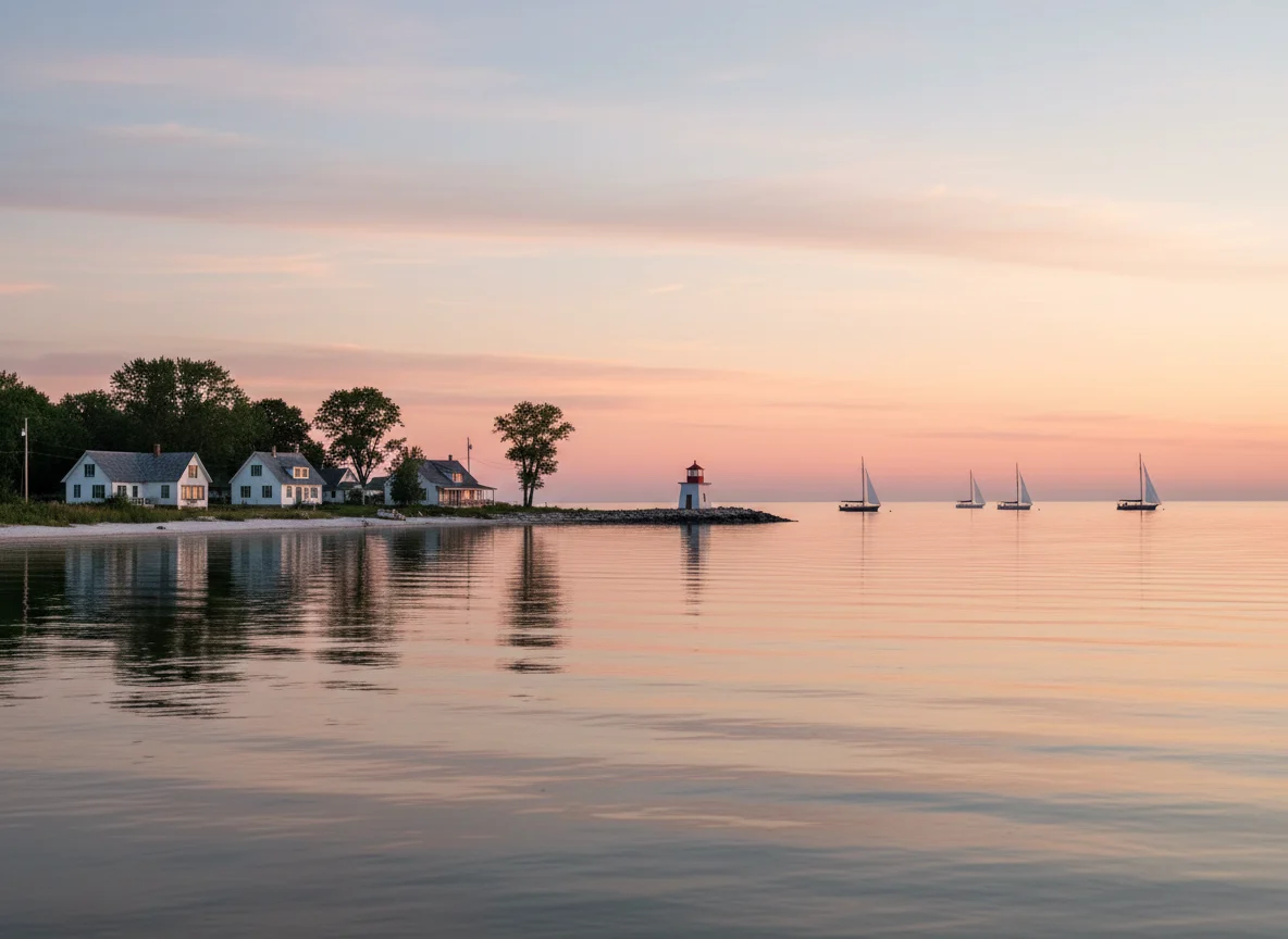 Door County shoreline and lighthouse at sunset