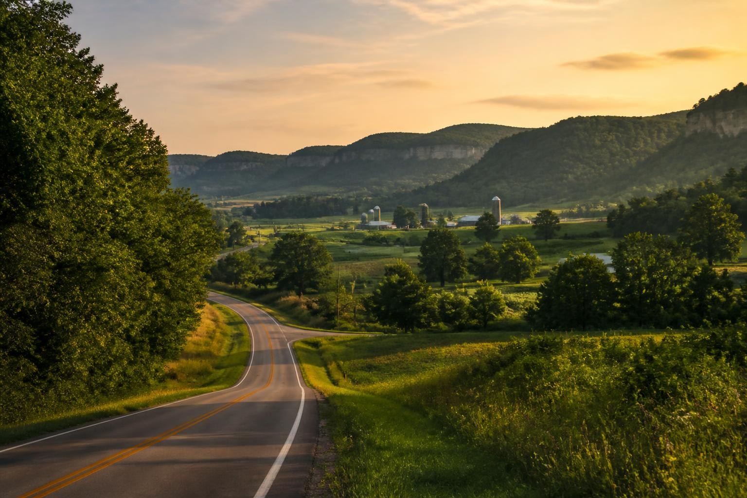 Winding country road through Wisconsin's Driftless hills