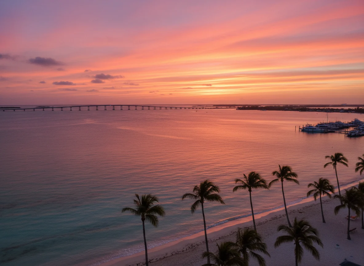Florida Keys marina and turquoise water at sunset