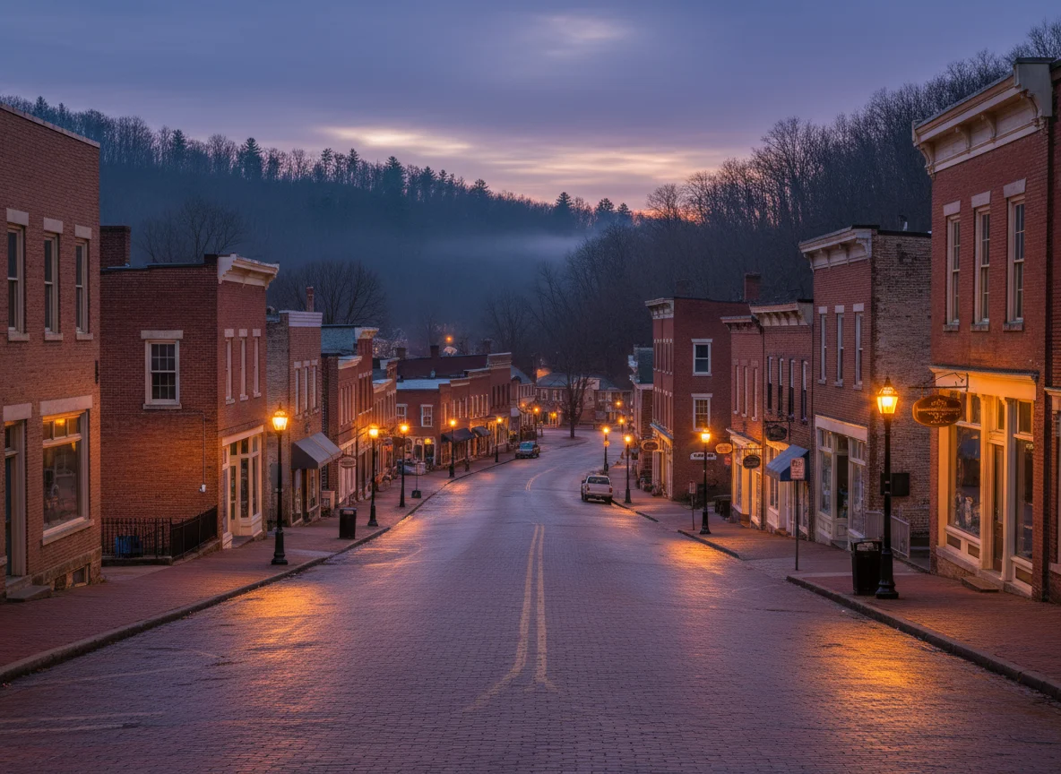 Historic Galena Illinois main street at dusk