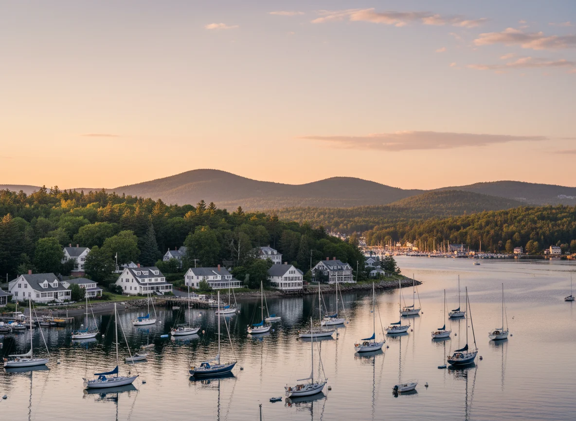 Camden Maine harbor and sailboats in warm evening light