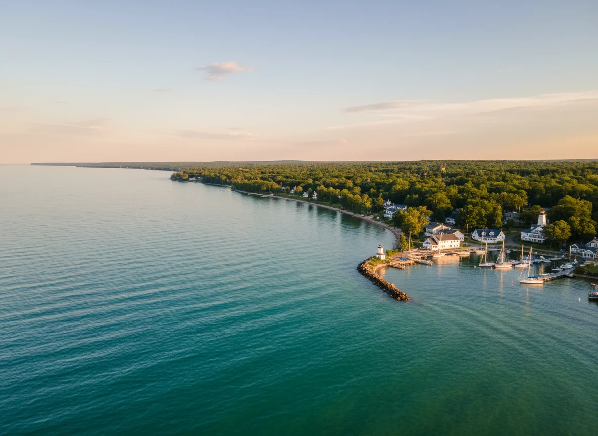 Northern Michigan harbor town beside turquoise Lake Michigan water