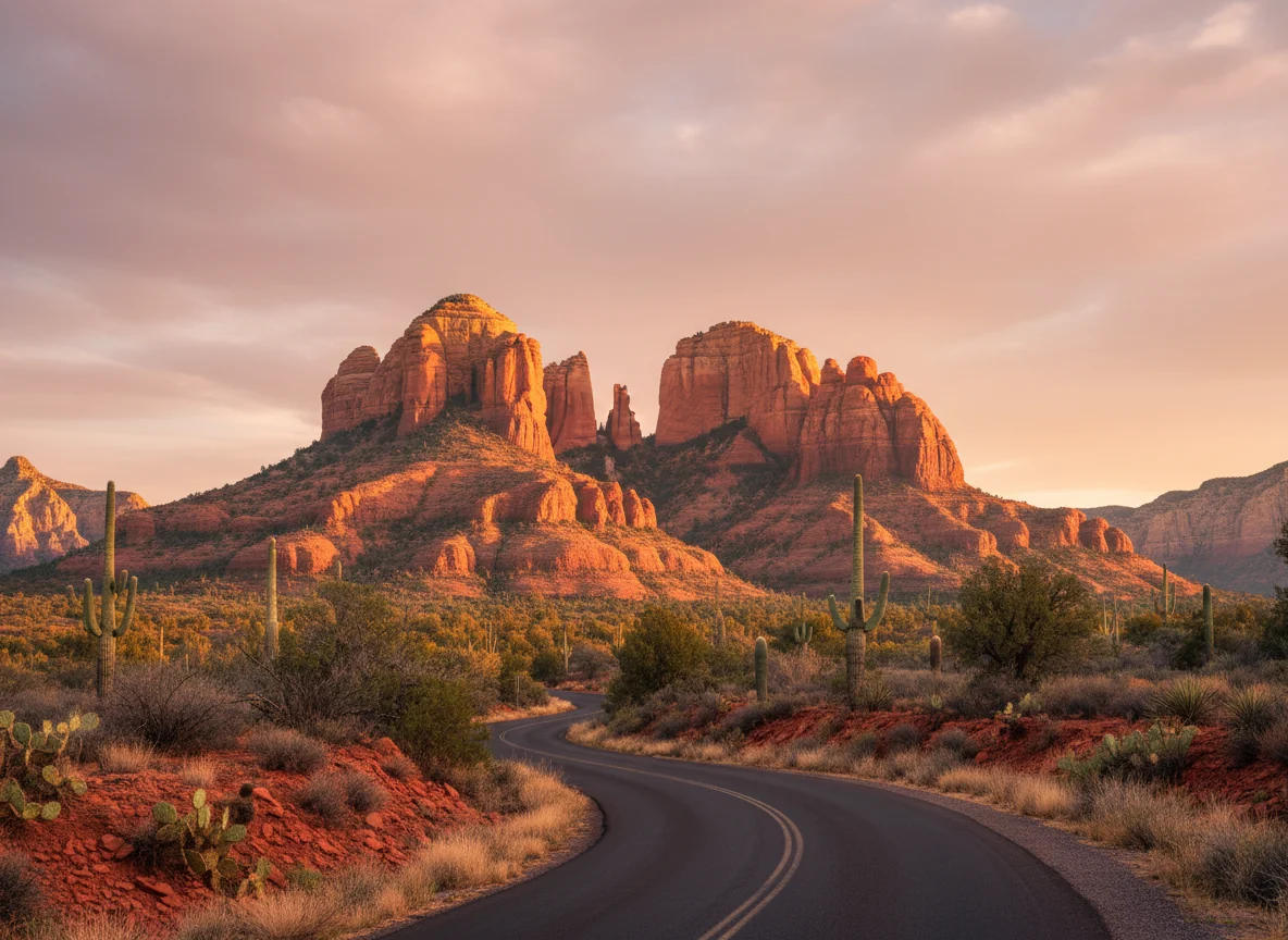 Glowing red rock formations beside a quiet Sedona road at golden hour