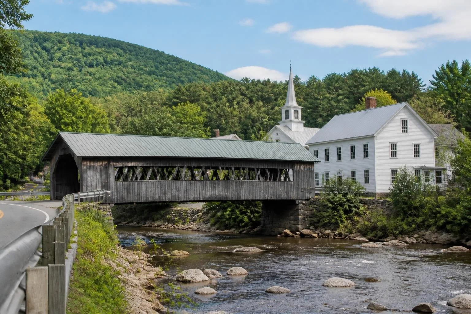 Covered bridge and river in a Vermont or New Hampshire small town