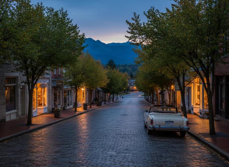 Quiet small-town main street glowing at blue hour
