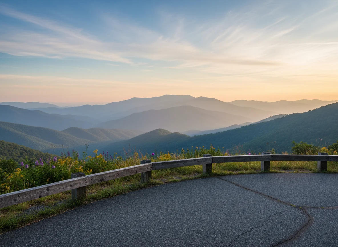 Roadside overlook on the Blue Ridge Parkway with layered mountain views