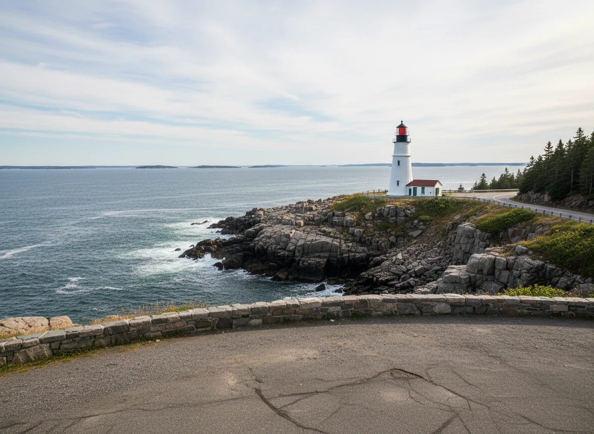 Maine lighthouse and rocky coast beside an easy-access scenic road