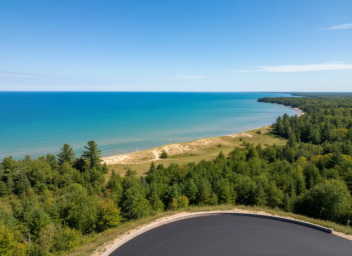 Lake Michigan dunes and turquoise water from a roadside overlook in northern Michigan