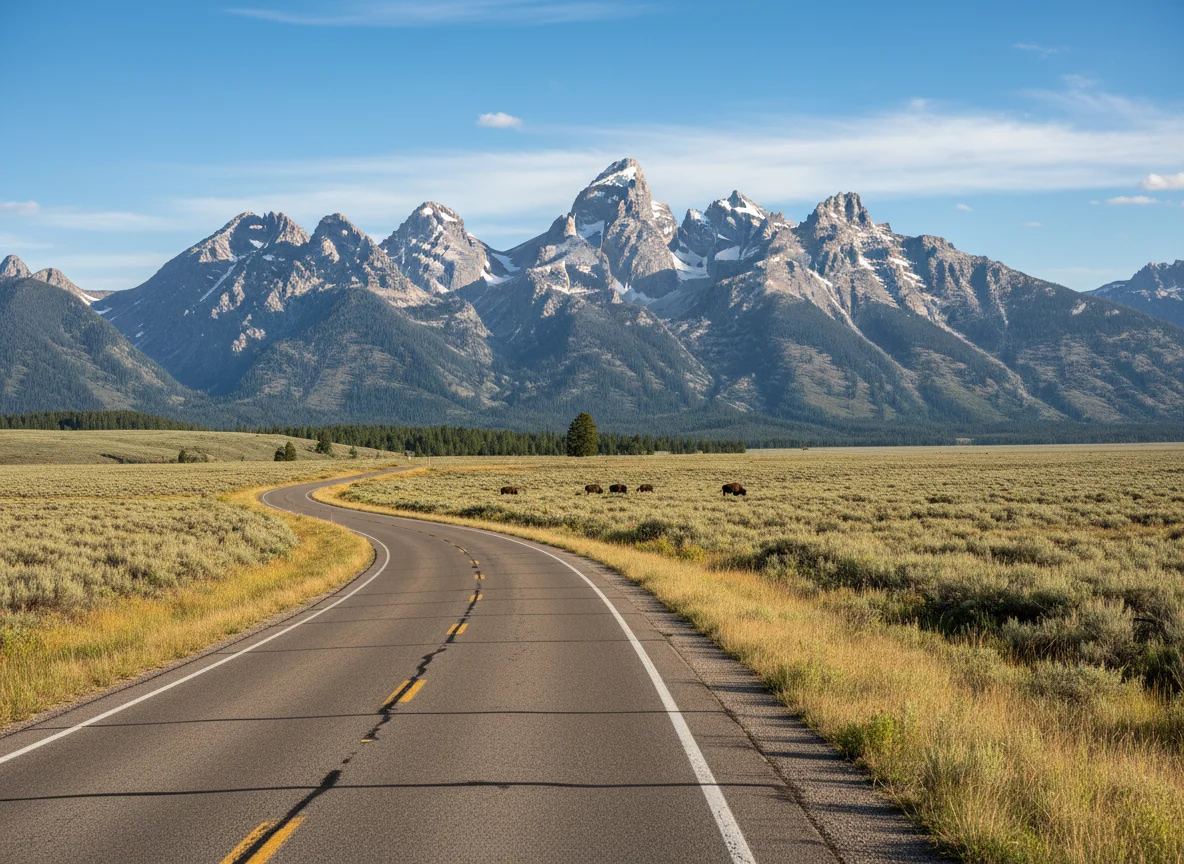 Park road with distant bison and Teton peaks
