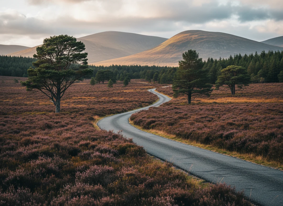Mountain road through heather moorland in the Cairngorms