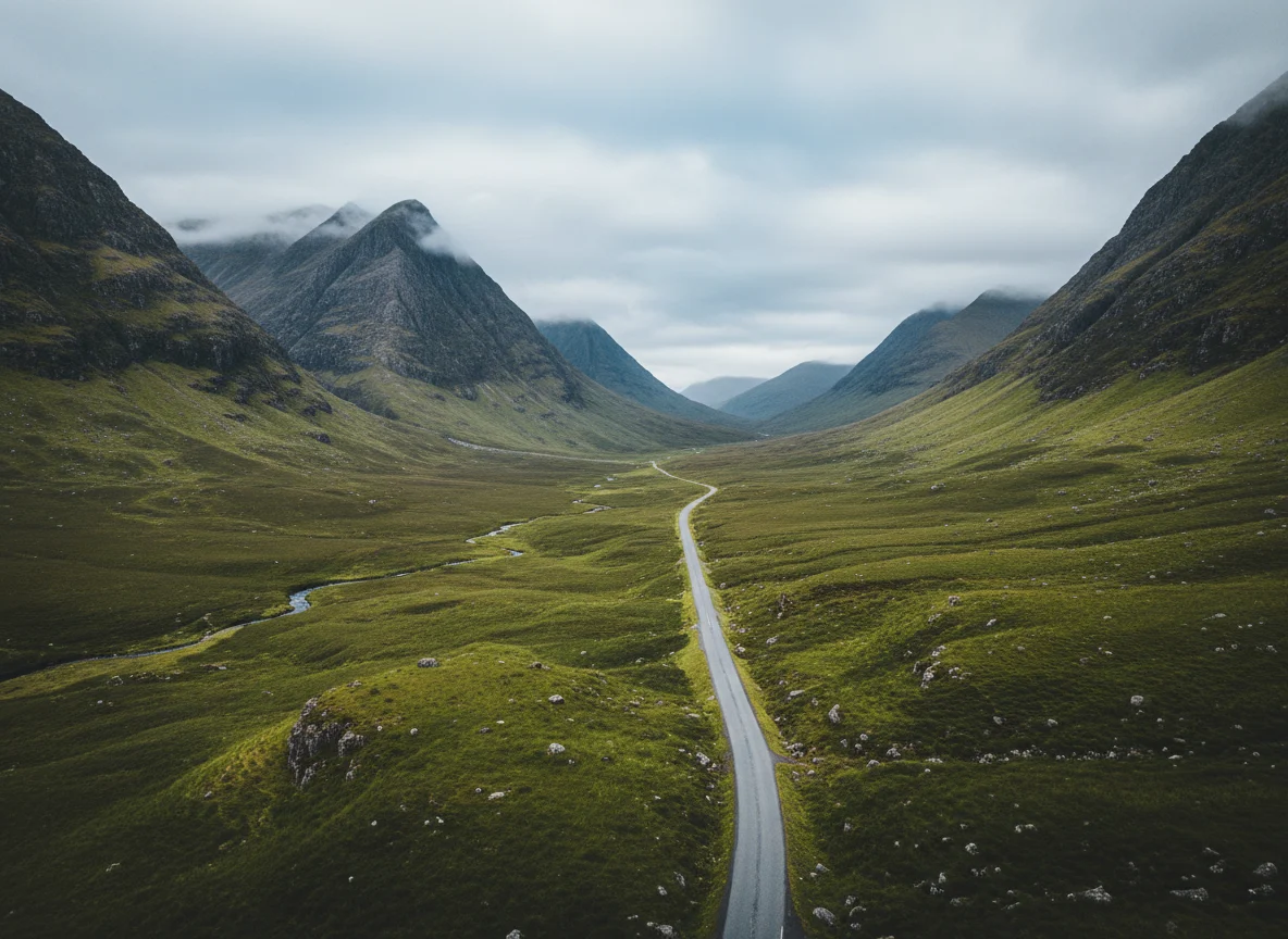 Scenic road through Glencoe beneath rugged Scottish mountains