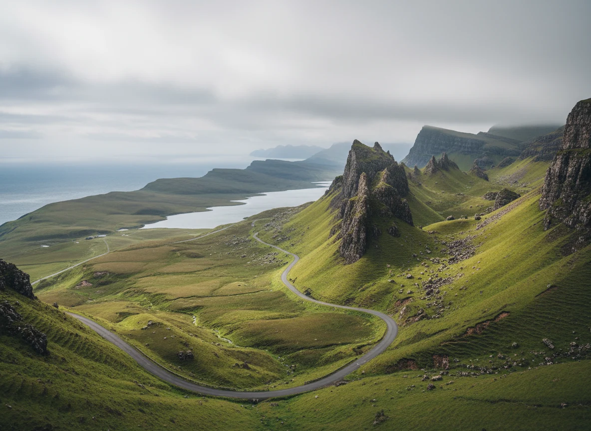 Single-track road through the Trotternish Peninsula on Isle of Skye