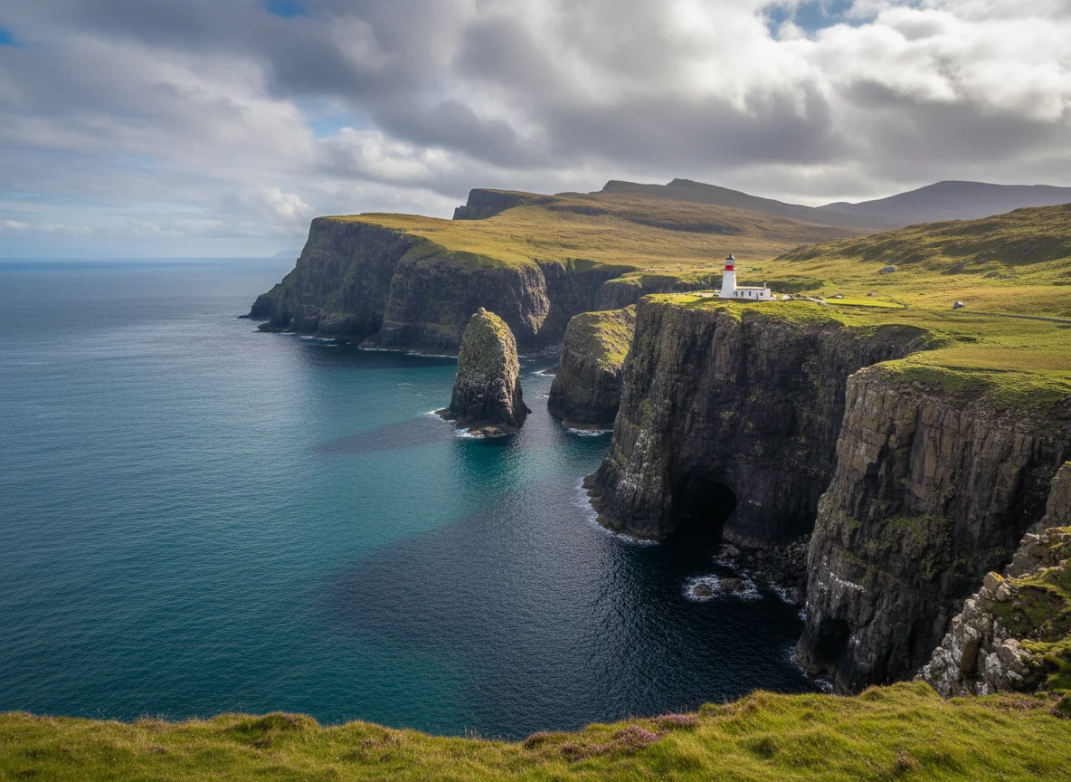 Rugged sea cliffs and lighthouse on western Isle of Skye