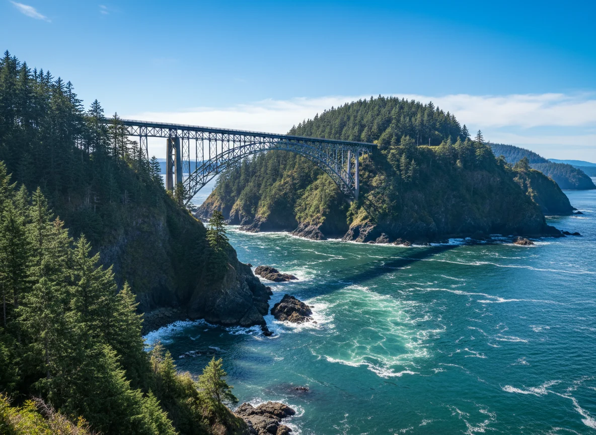 Deception Pass Bridge crossing blue-green water in Washington