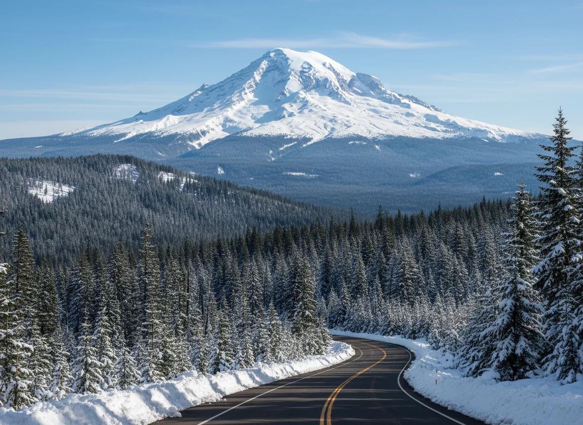 Mount Rainier rising above evergreen forest and a scenic road