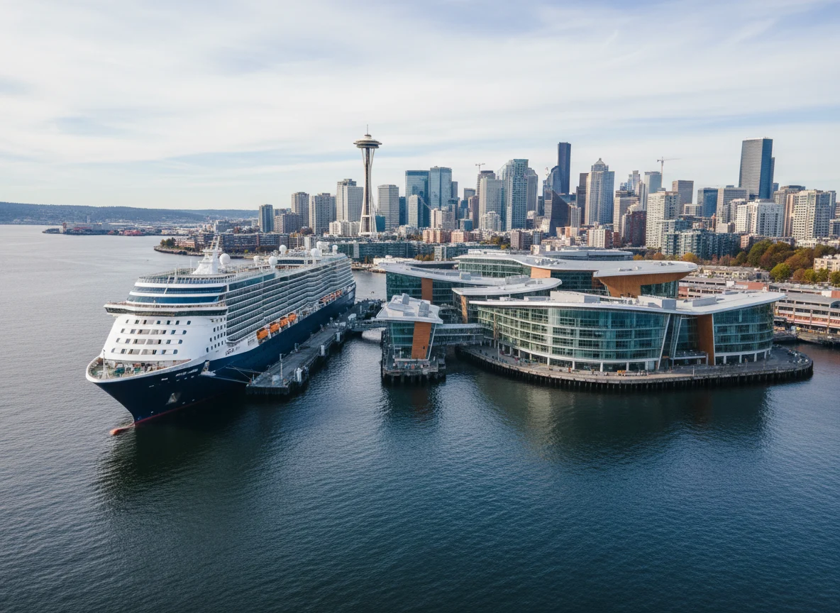 Cruise ship docked at a Seattle terminal on Elliott Bay
