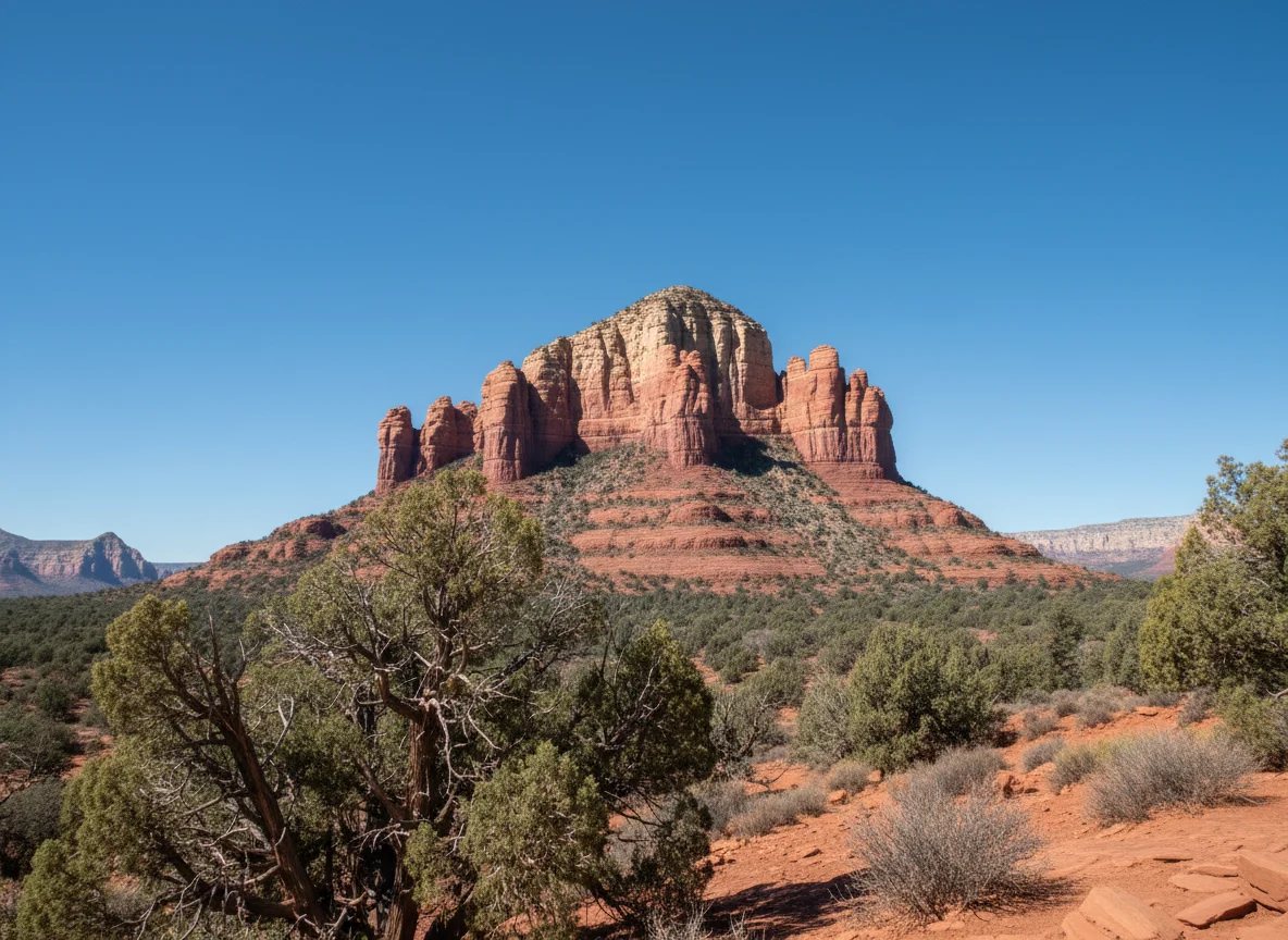Cathedral Rock above desert vegetation in Sedona