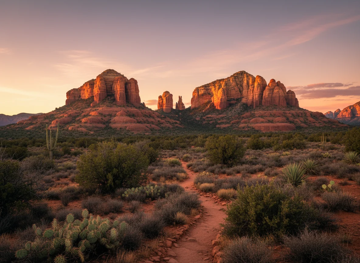 Red rock formations glowing at sunset in Sedona Arizona