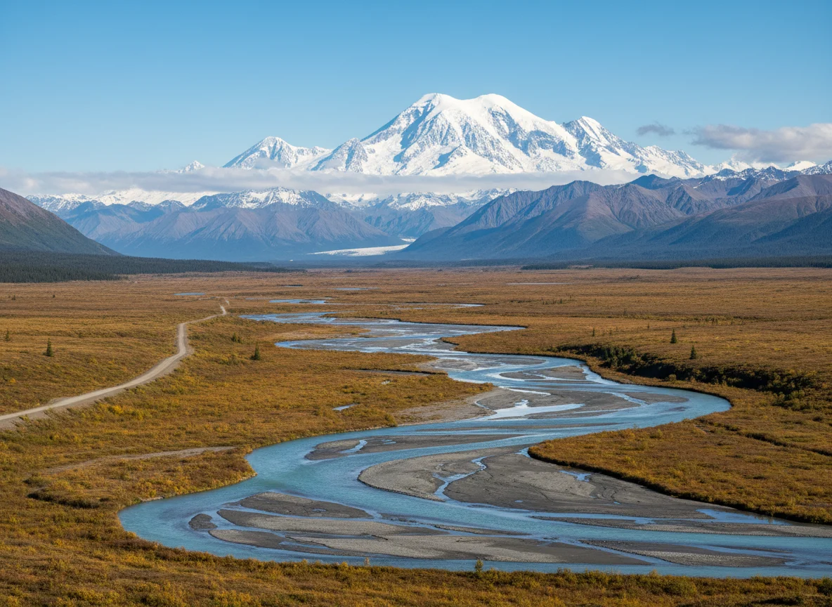 Tundra road and Denali mountain in Denali National Park Alaska