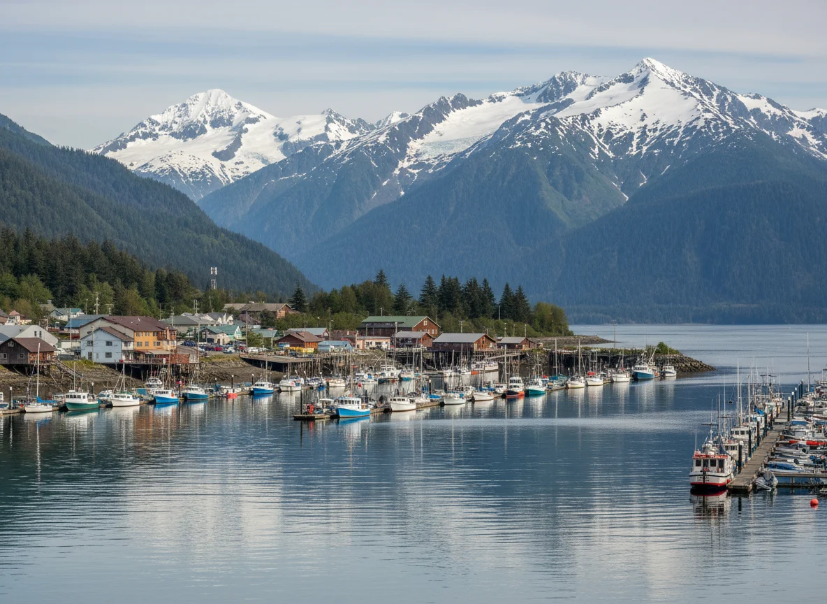 Seward Alaska harbor with snowcapped mountains behind Resurrection Bay