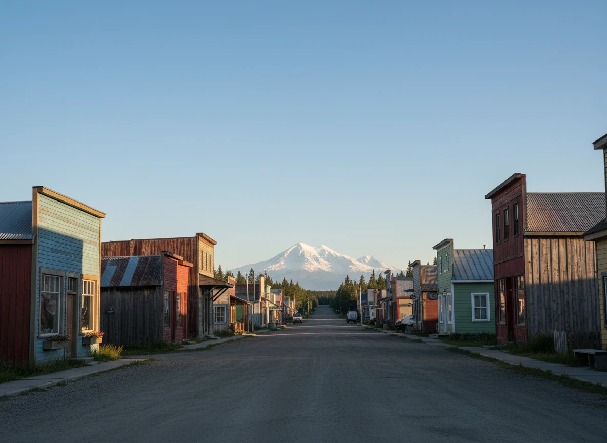 Quiet main street in Talkeetna Alaska with mountains in the distance