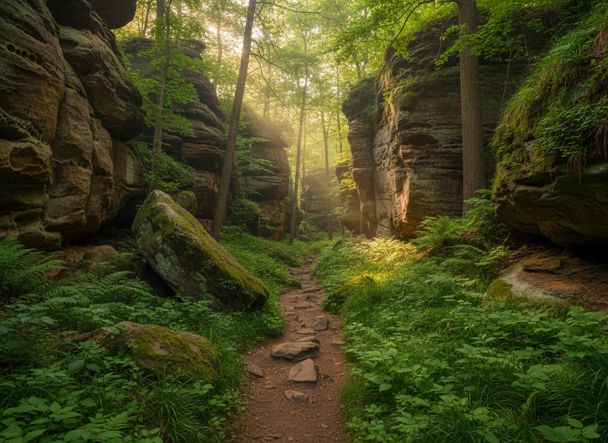 Sandstone walls and forest trail in Giant City State Park