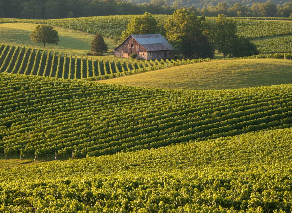 Rows of grapevines across rolling hills in southern Illinois