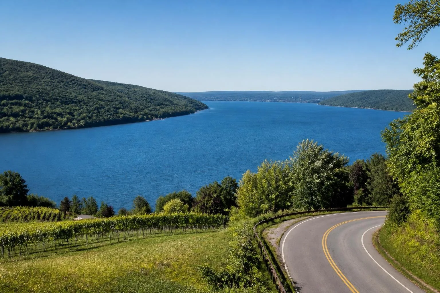 Blue Finger Lake surrounded by green hills and vineyards in New York