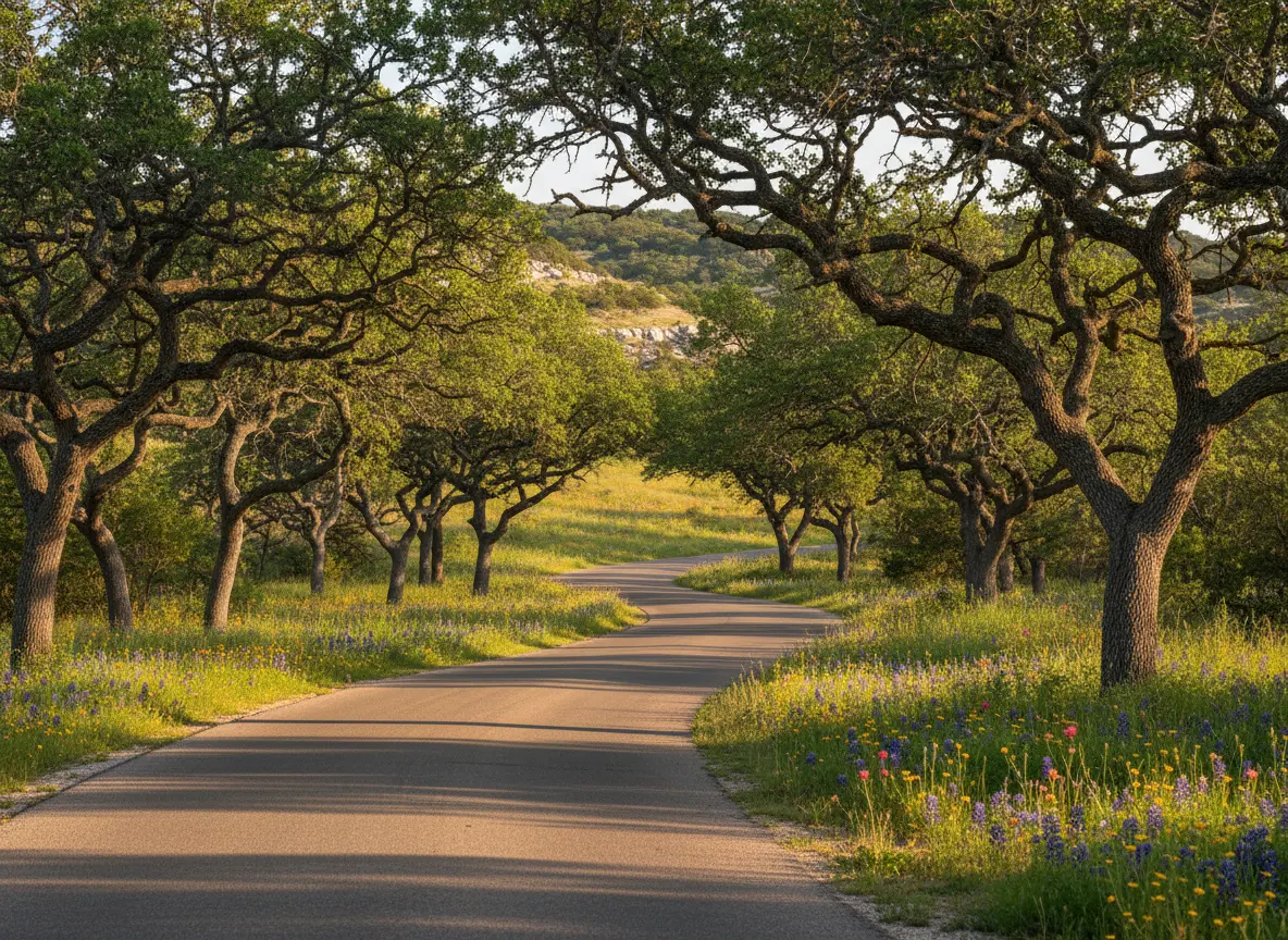 Texas Hill Country road through oak trees and wildflowers