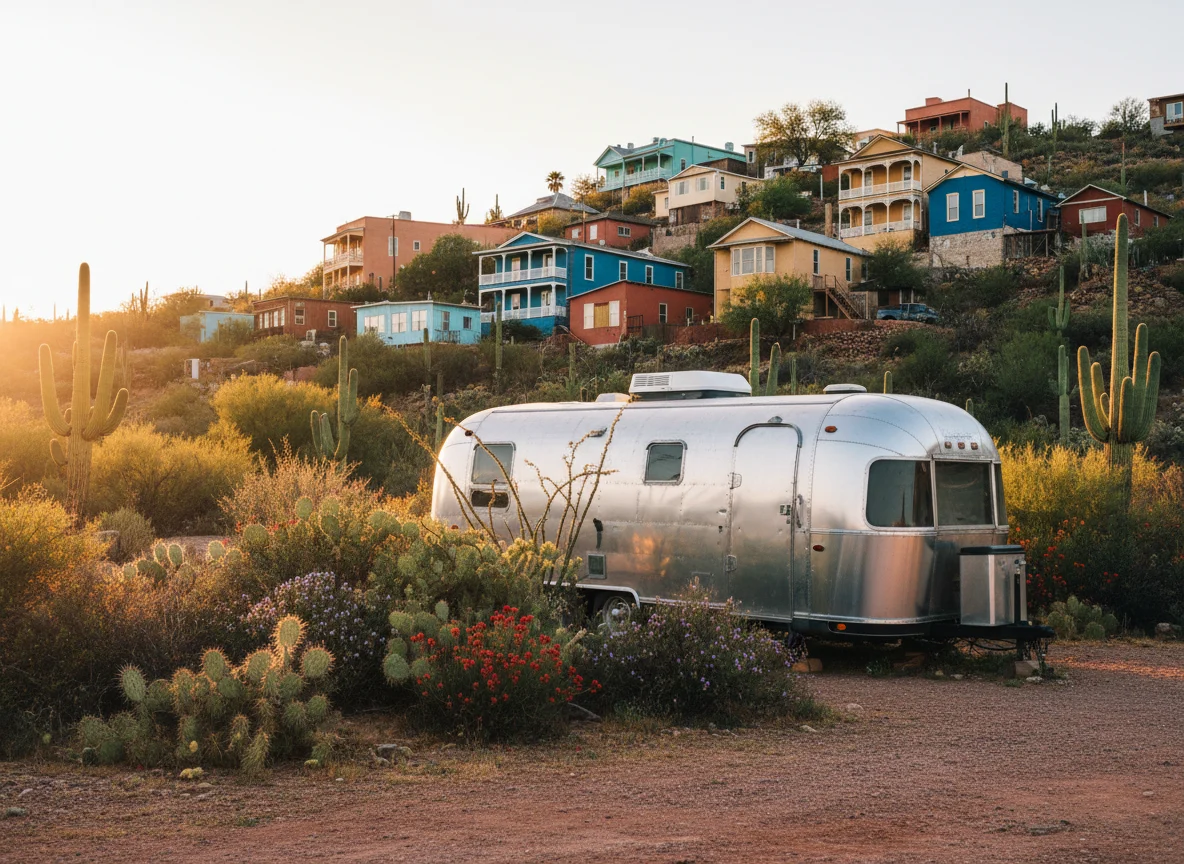 Vintage travel trailer with Bisbee Arizona hills in the background