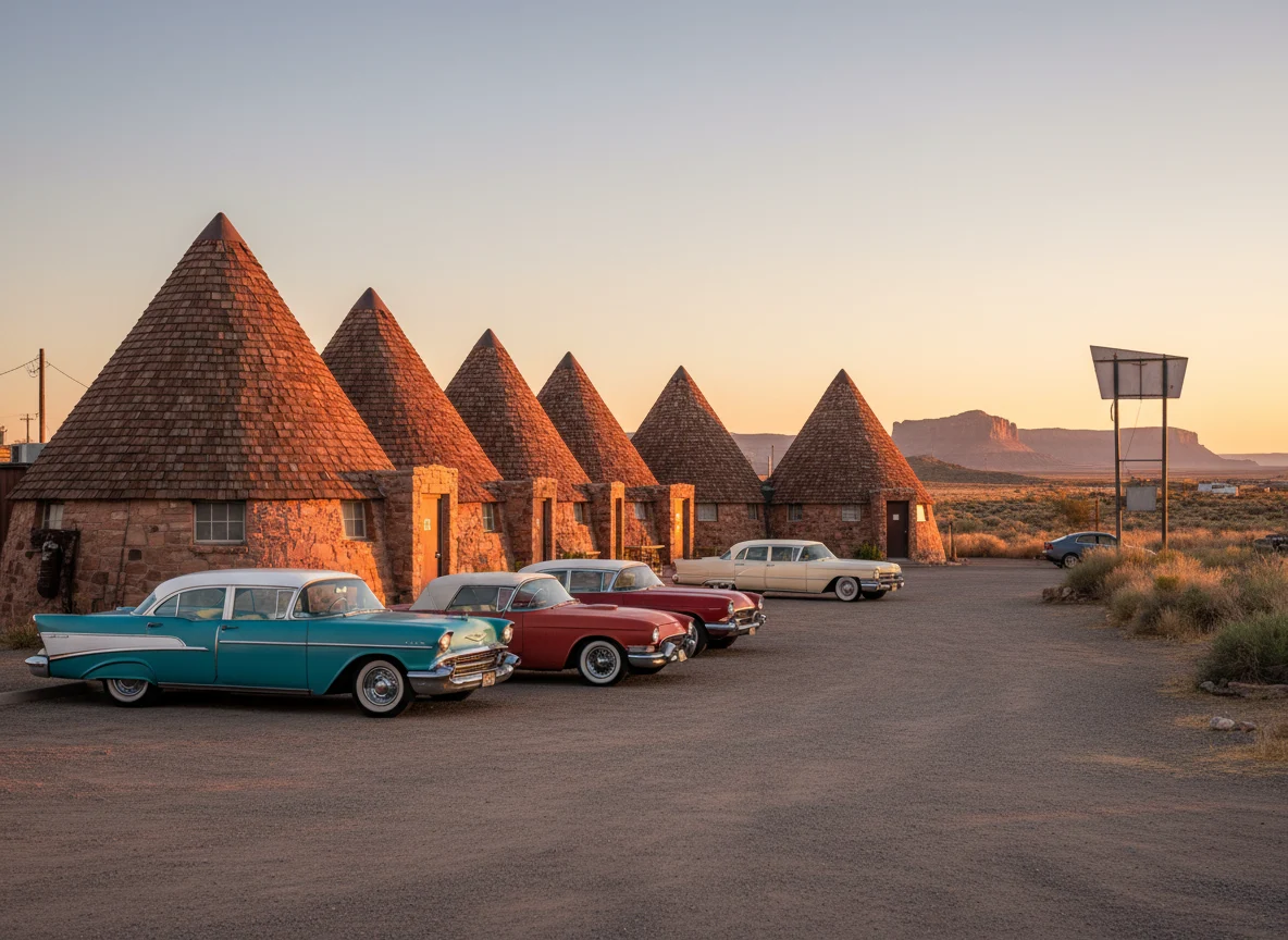 Cone-shaped roadside motel rooms along Route 66 in Holbrook Arizona