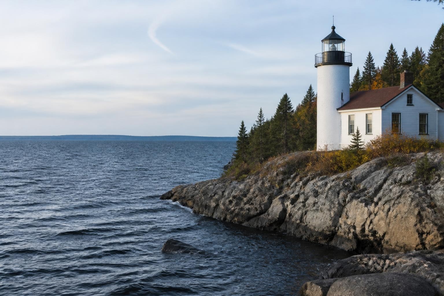 Lighthouse and keeper's cottage on Michigan's Lake Superior shore
