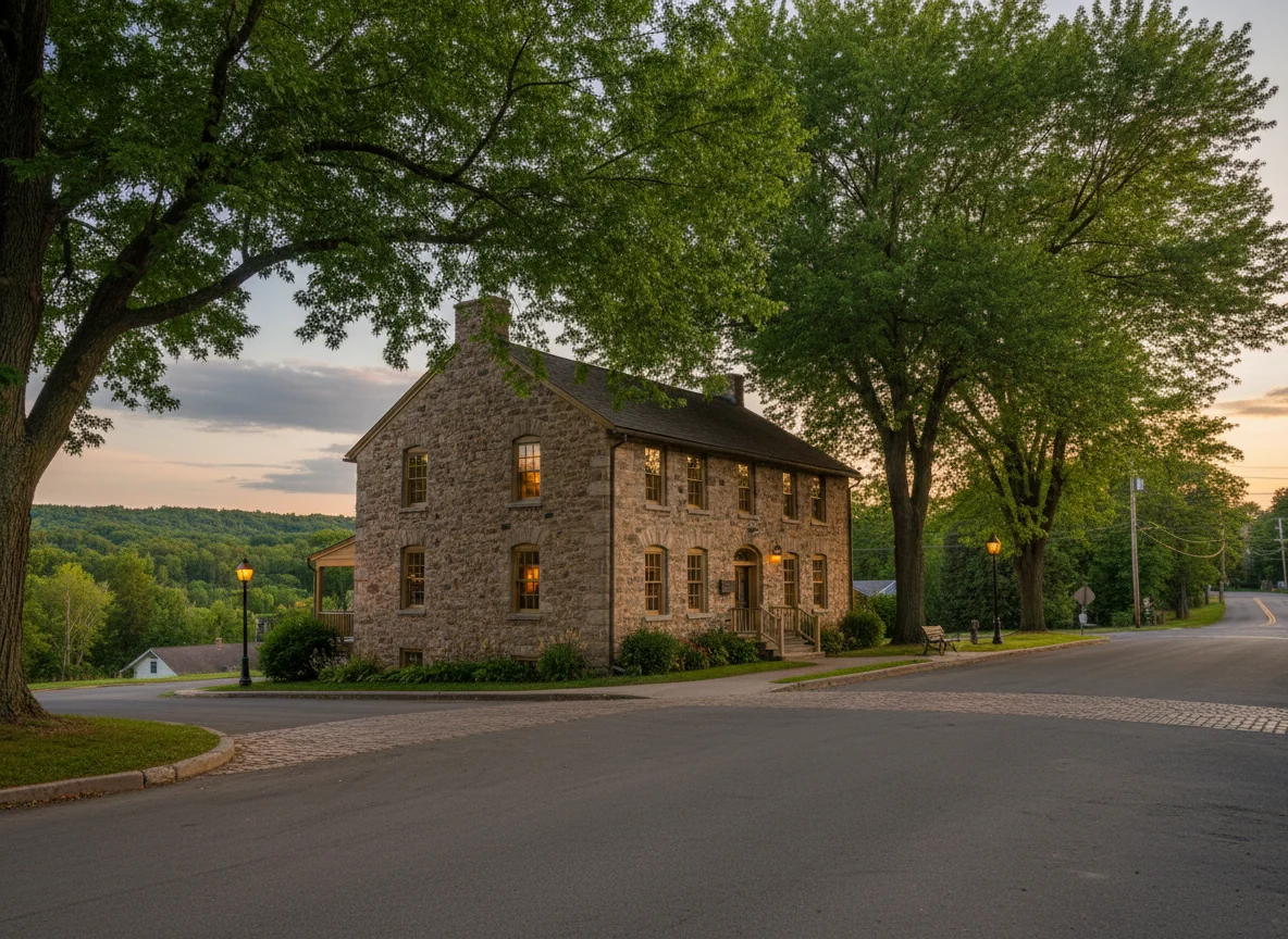 Historic stone inn on a quiet street in Mineral Point Wisconsin