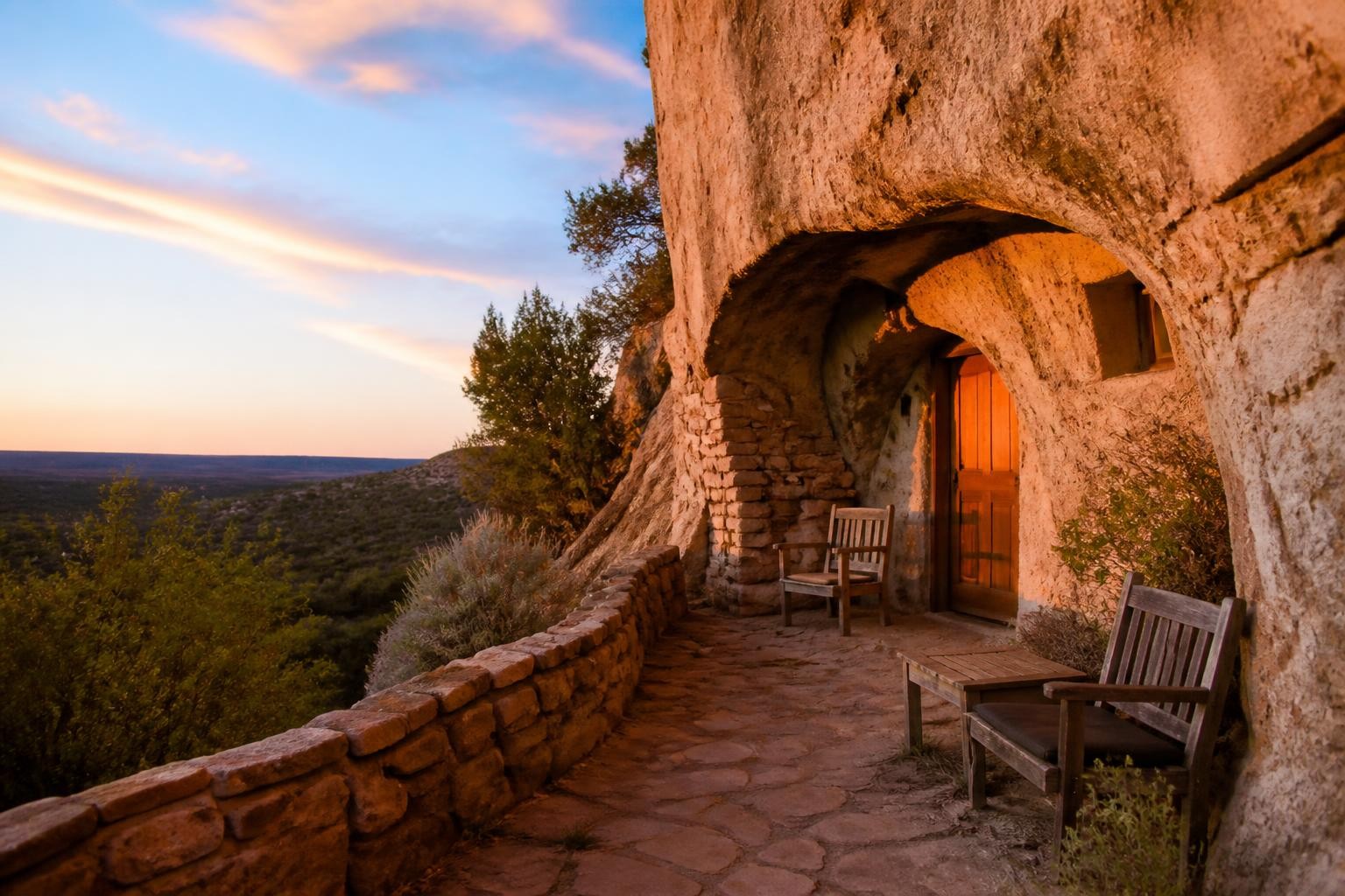 Guest lodging built into a sandstone cliff in northwestern New Mexico