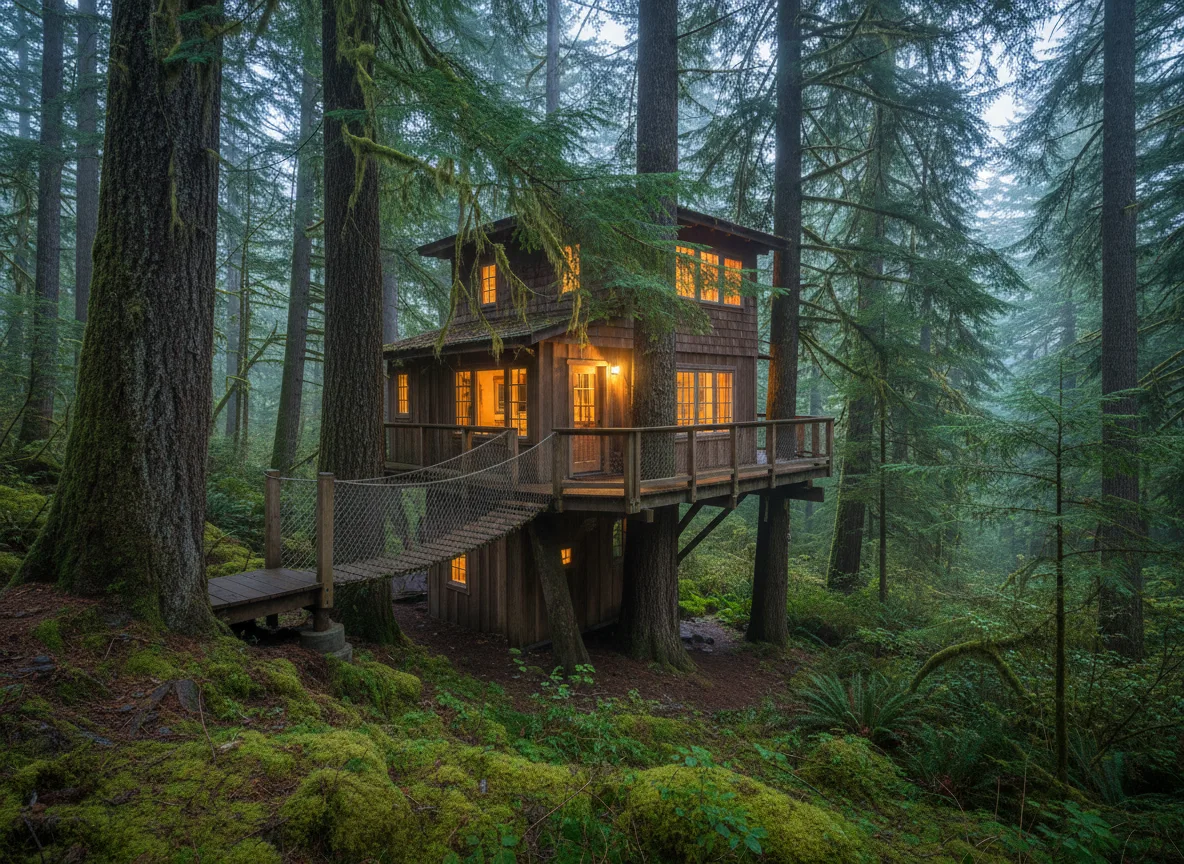 Wooden treehouse lodging among tall evergreen trees near Seattle