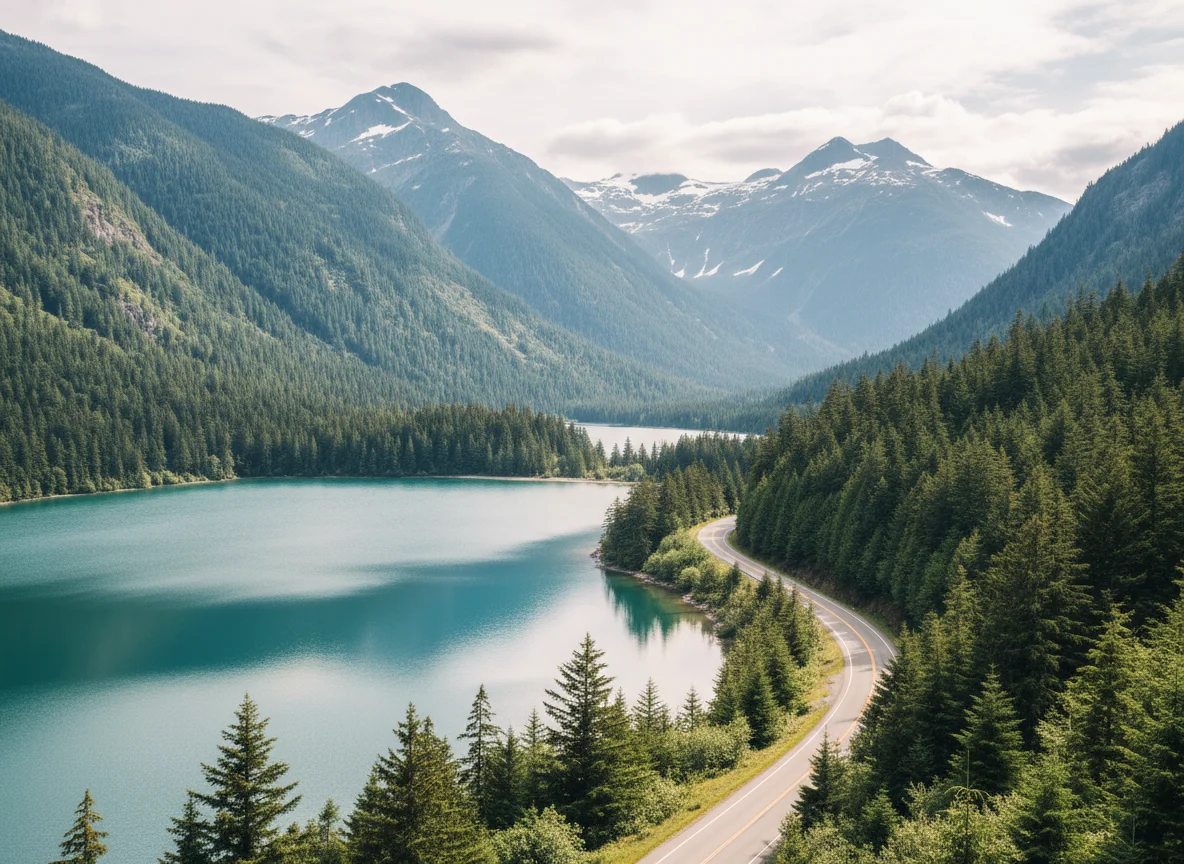 Highway crossing Vancouver Island beside a mountain lake toward Tofino