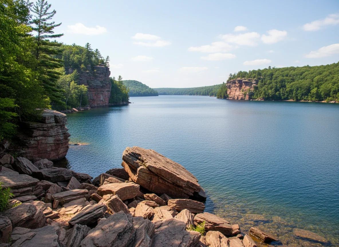 Blue water and forested bluffs at Devils Lake State Park Wisconsin