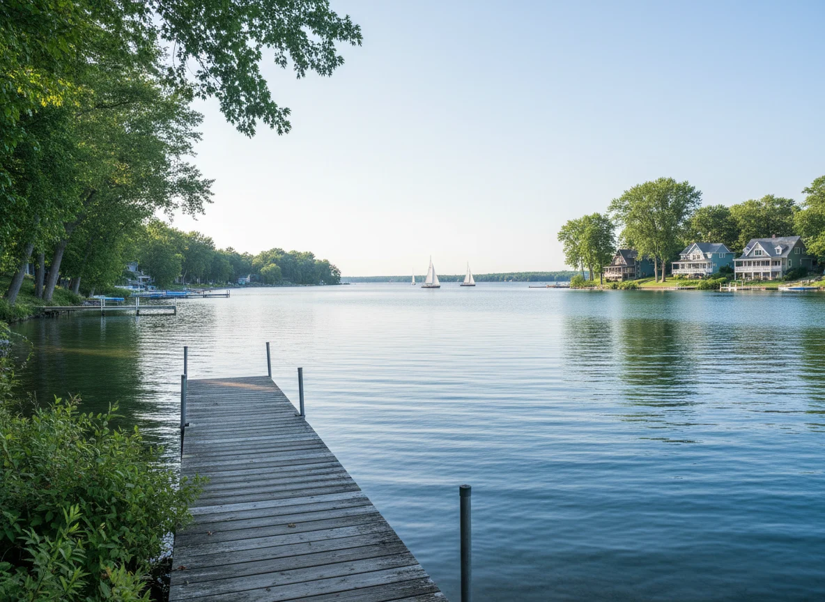 Calm Green Lake Wisconsin with a quiet dock and sailboats