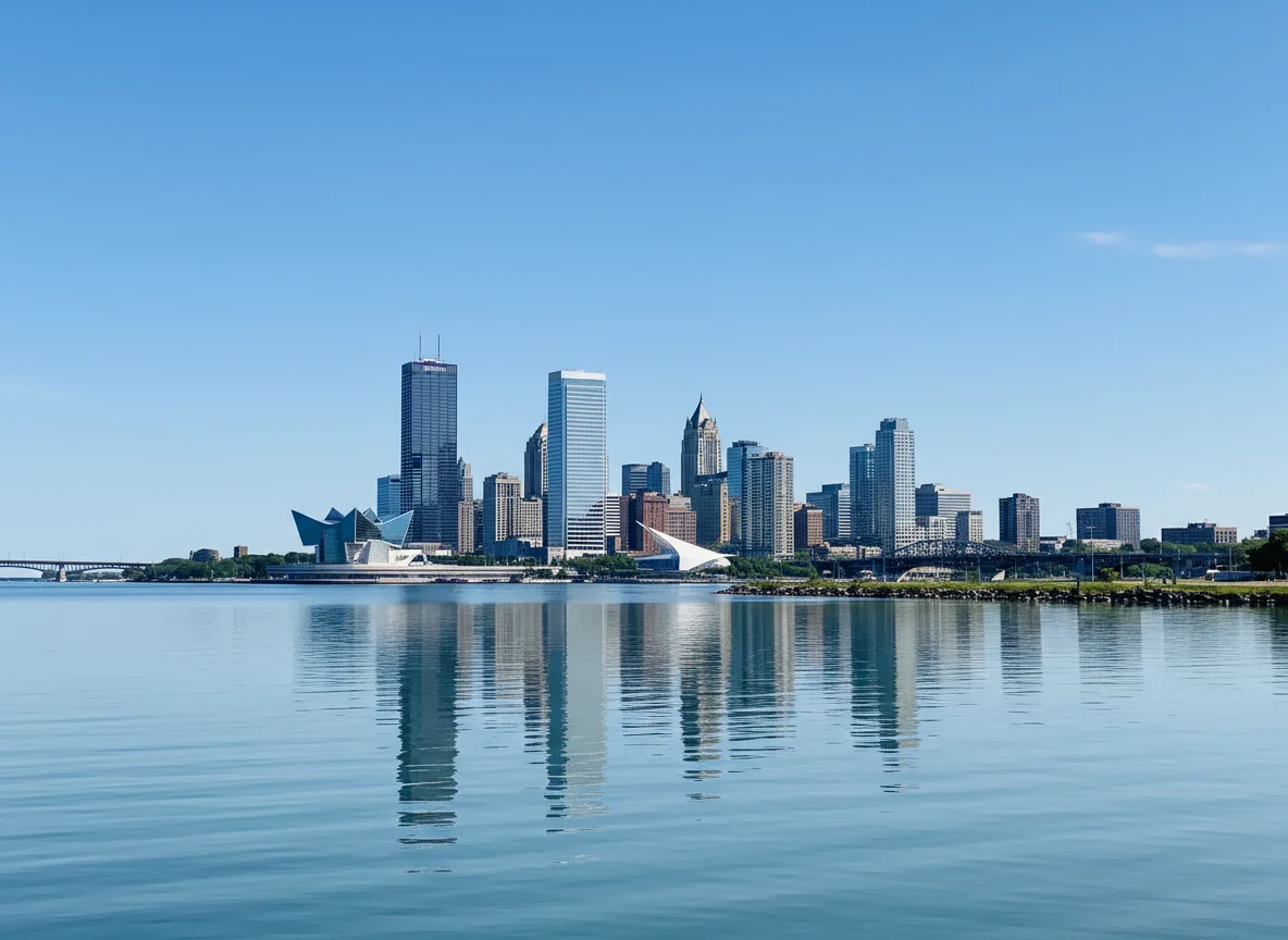 Milwaukee skyline viewed across Lake Michigan water
