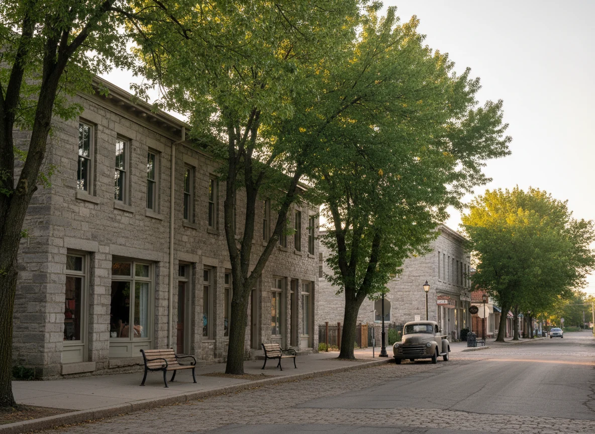 Historic limestone buildings on a quiet street in Mineral Point Wisconsin