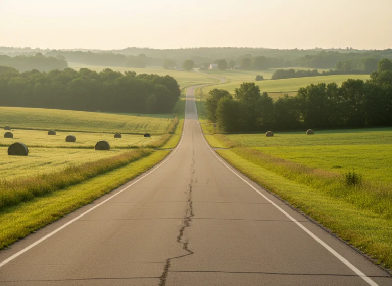 Quiet road through Wisconsin countryside on a weekend trip from Madison