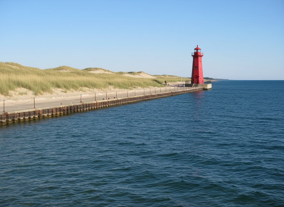 Grand Haven lighthouse and pier extending into Lake Michigan