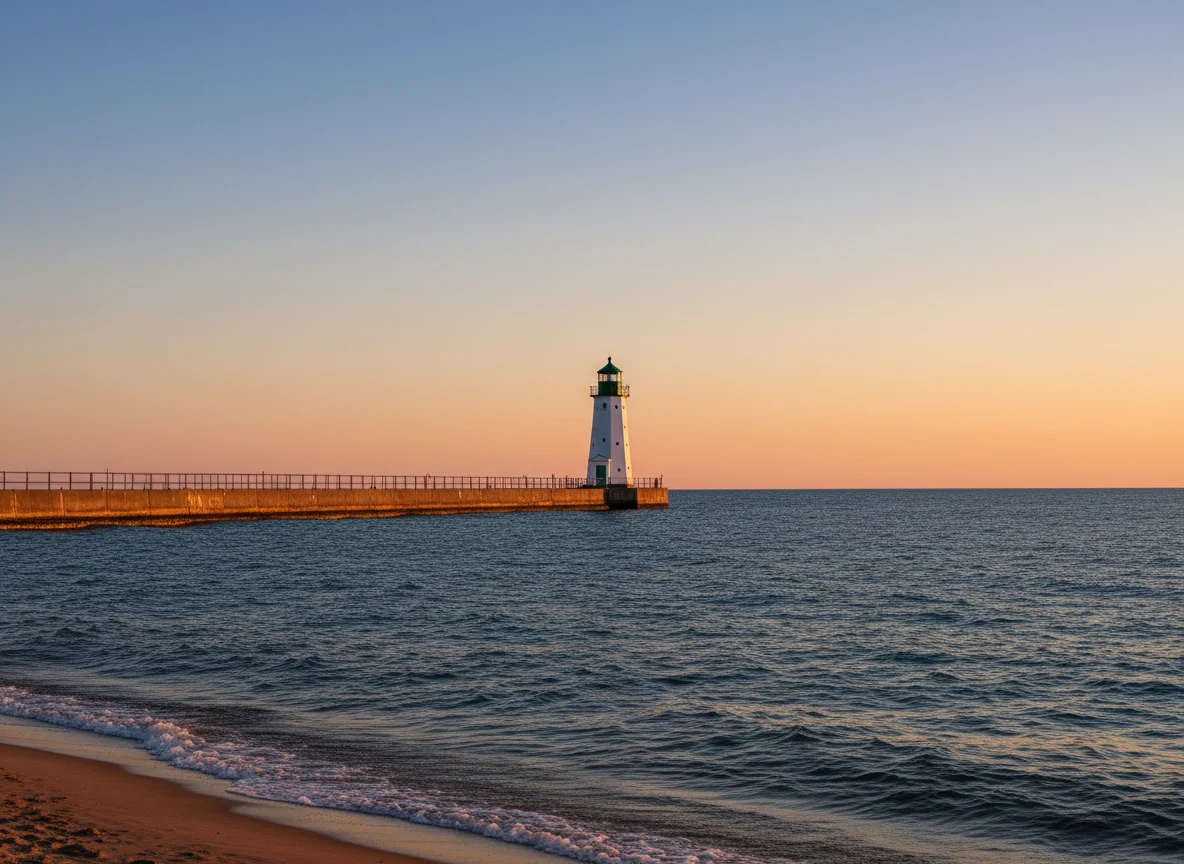 Ludington lighthouse and pier on Lake Michigan at golden hour