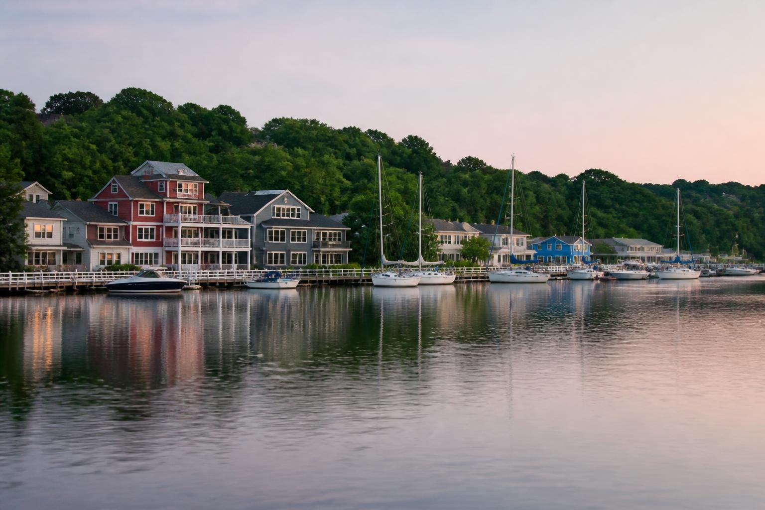Saugatuck Michigan harbor and colorful waterfront buildings