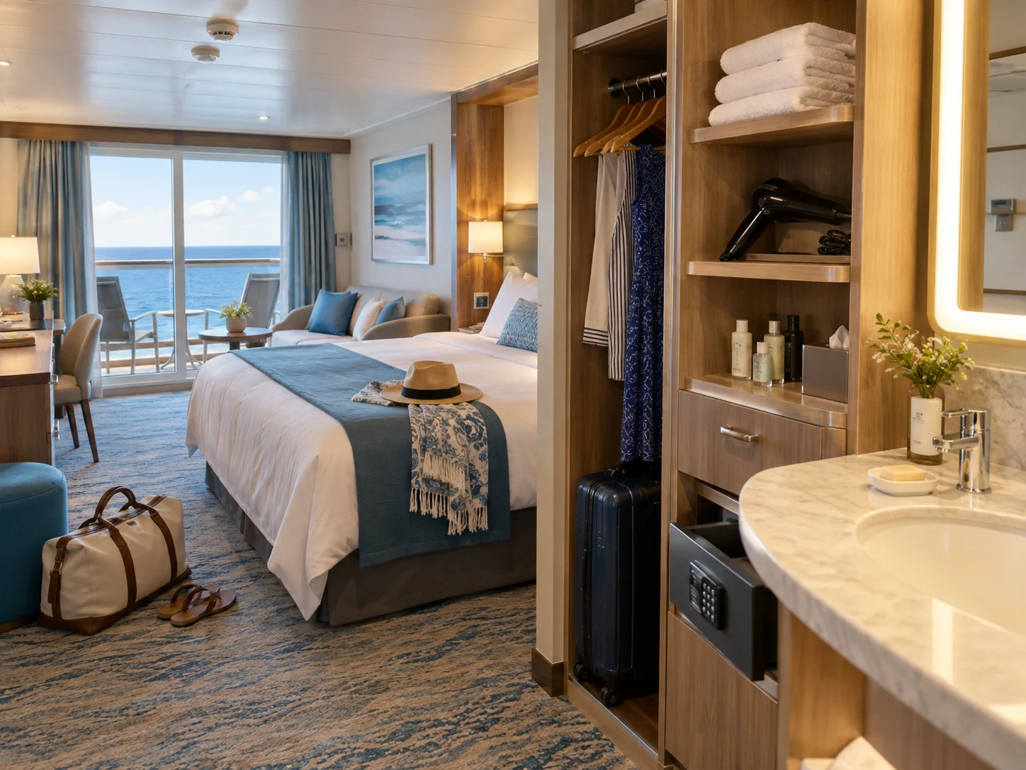 Cruise stateroom with hair dryer, towels, toiletries, hangers, safe, bed, sofa, and balcony visible.