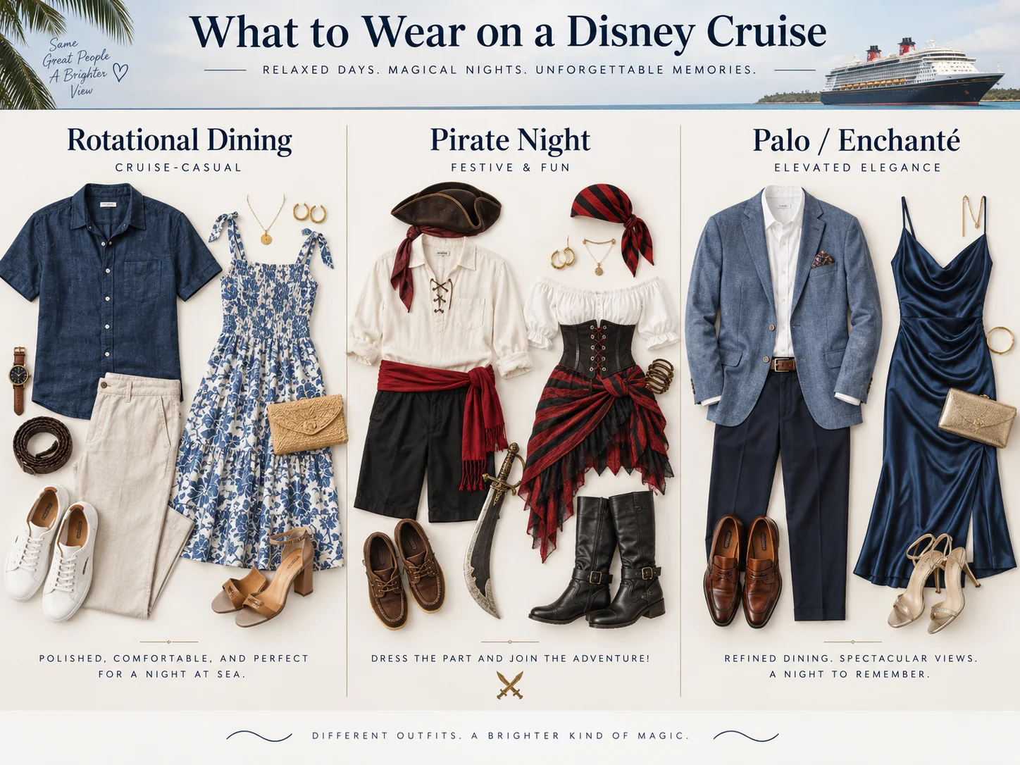 Visual guide to cruise-casual rotational dining clothes, Pirate Night outfits, and polished adult-dining attire.