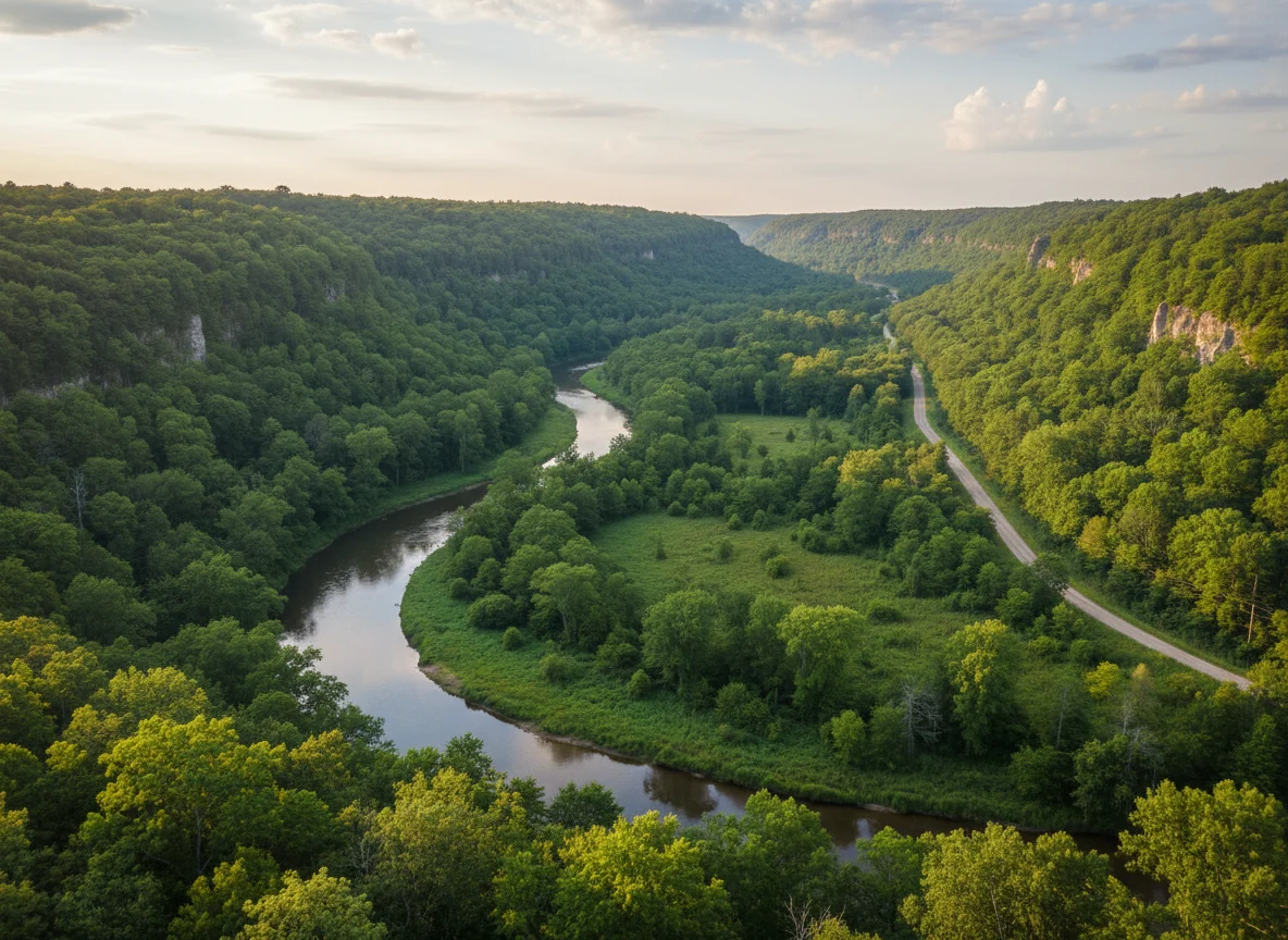 Kickapoo River winding through wooded bluffs in southwestern Wisconsin